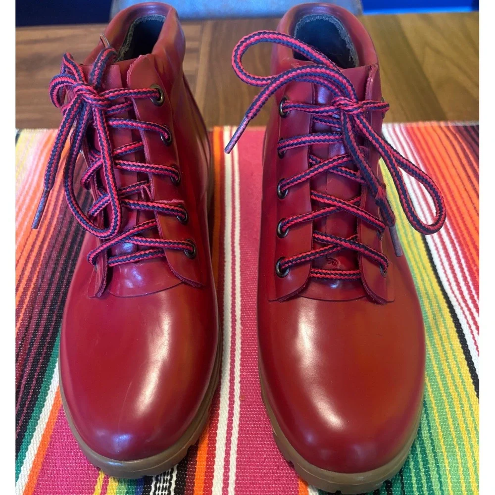 Lands End Womens Red Rubber Lace Up Rain Boots Waterproof Ankle Booties Size 8
